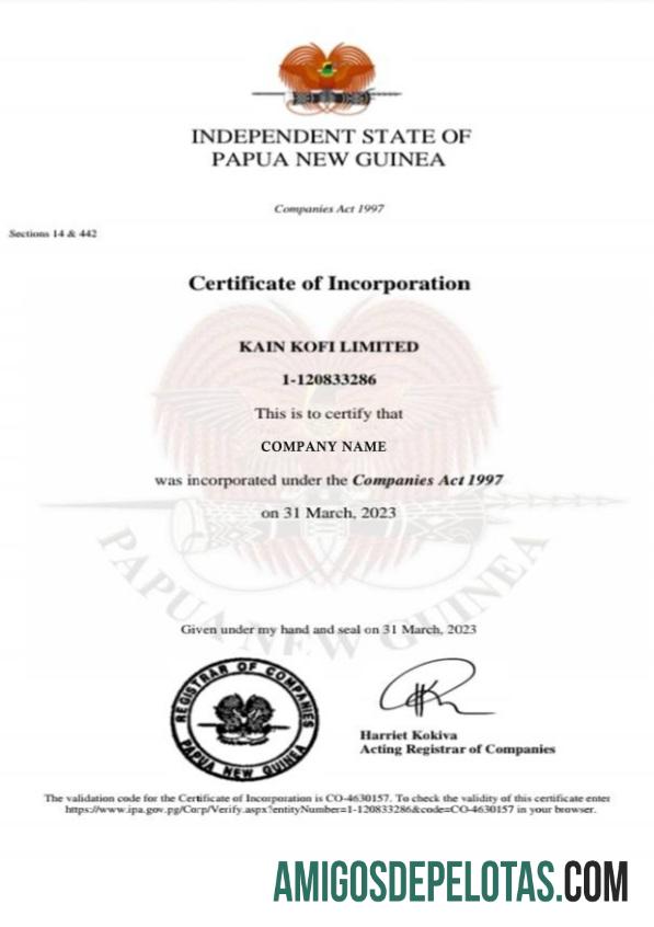 Papua New Guinea Certificate Of Incorporation amostra